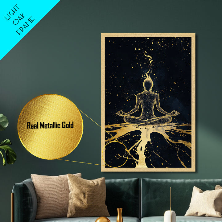 Mystical Meditation Figure Metallic Gold Art Metal Art | Spooky Season Witchy Decor In Real Wood Frame Cosmic Gothic