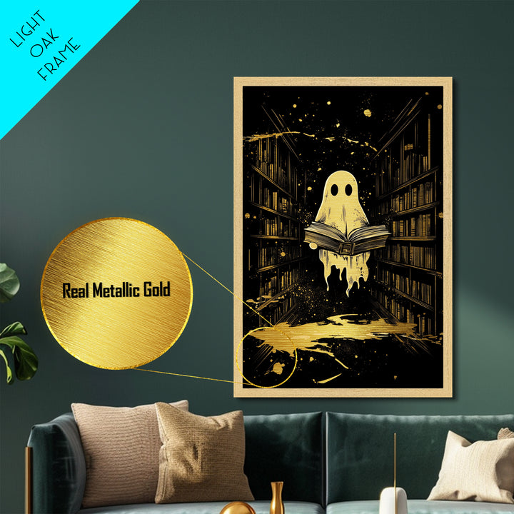 Ghost Reading In Haunted Library Metallic Gold Art Metal Art | Spooky Bookish Wall Art Framed In Solid Natural Wood