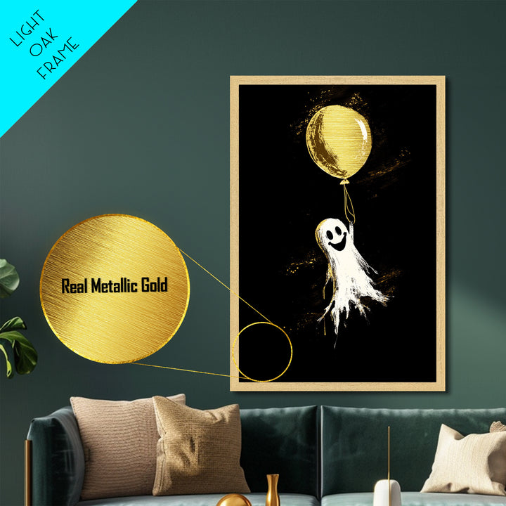 Playful Ghost With Balloon Metallic Gold Art Metal Art | Whimsical Spooky Season Halloween Artwork Real Wood Frame