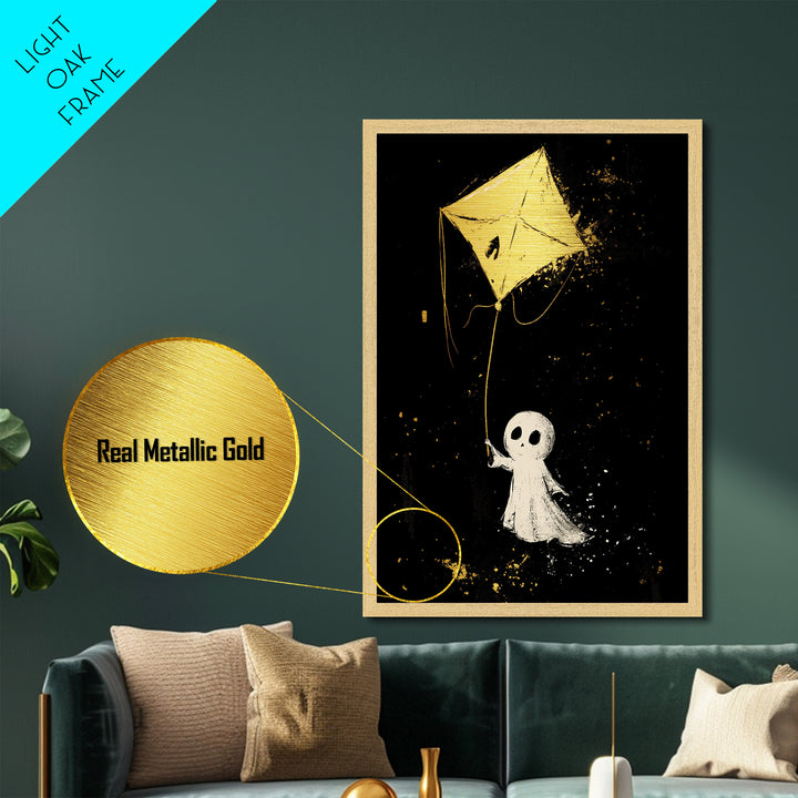Sweet Ghost Flying A Kite Metallic Gold Art Metal Art | Cute Haunted Halloween Wall Art Framed In Rustic Real Wood