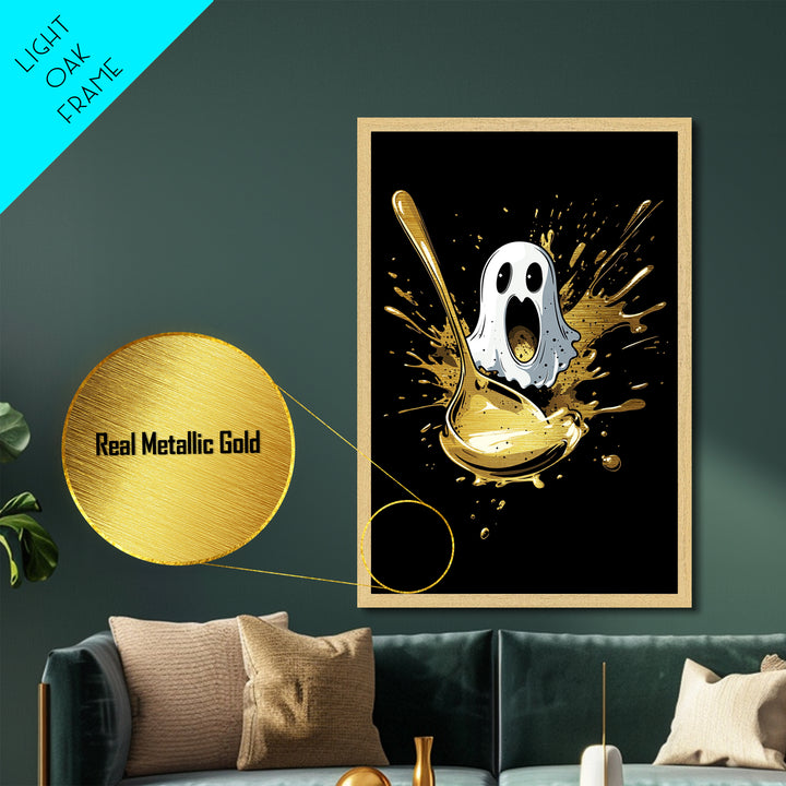 Spooky Ghost And Golden Spoon Metallic Gold Art Metal Art | Creepy Halloween Kitchen Wall Decor Framed In Real Wood