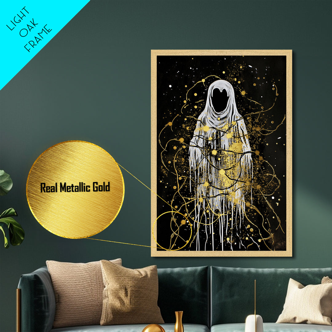 Haunted Spirit Wrapped In Lights Metallic Gold Art Metal Art | Gothic Spooky Season Wall Decor Real Wood Frame Finish