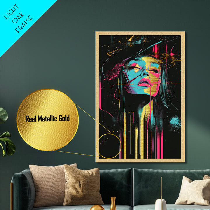 Neon Witch Portrait with Abstract Lines – Metallic Gold Art, Halloween Metal Art in Real Wood Frame, Psychedelic Spooky Decor