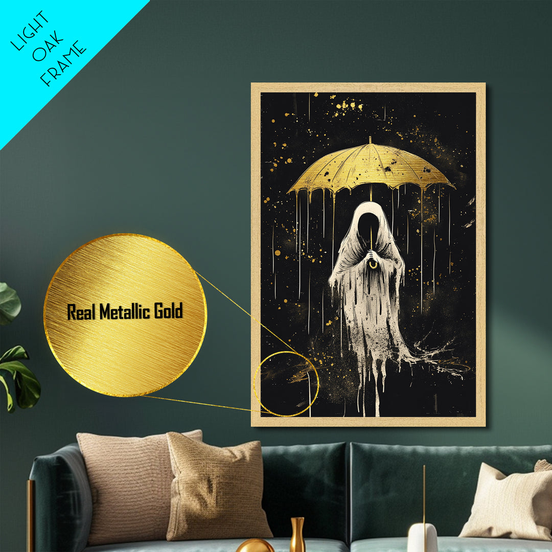 Ghostly Figure With Umbrella Metallic Gold Art Metal Art | Dark Creepy Halloween Wall Art Framed In Authentic Wood