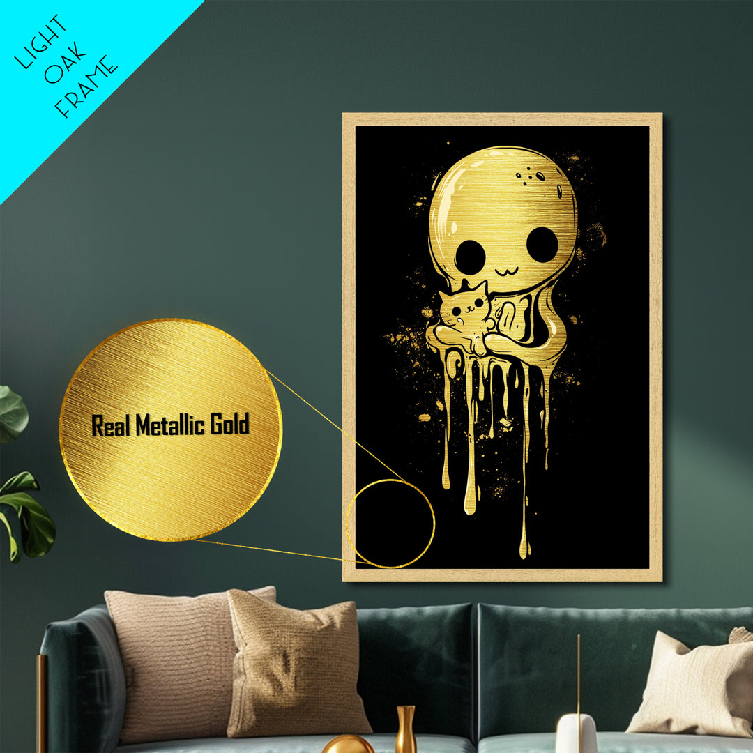 Haunted Cute Ghost Cat Metallic Gold Art, Spooky Halloween Metal Art With Natural Wood Frame, Creepy Cute Goth Home Decor