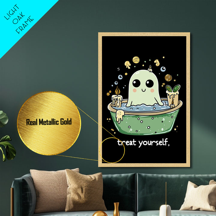 Witchy Ghost Spa Metallic Gold Art, Relaxing Bath Spooky Season Metal Art Framed In Real Wood, Funny Creepy Halloween Print