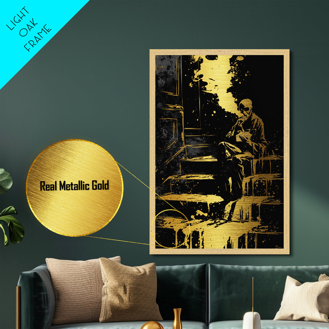 Gothic Skeleton Smoking Metallic Gold Art, Dark Haunted Horror Metal Art With Real Wood Frame, Spooky Gothic Halloween Decor