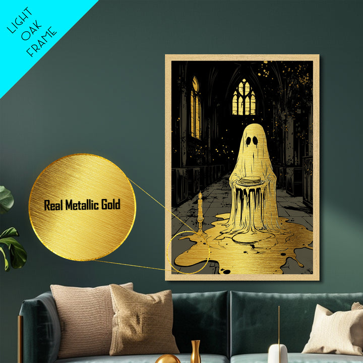 Ghost With Pancakes Metallic Gold Art, Creepy Haunted Cathedral Metal Art In Solid Wood Frame, Spooky Season Halloween Print