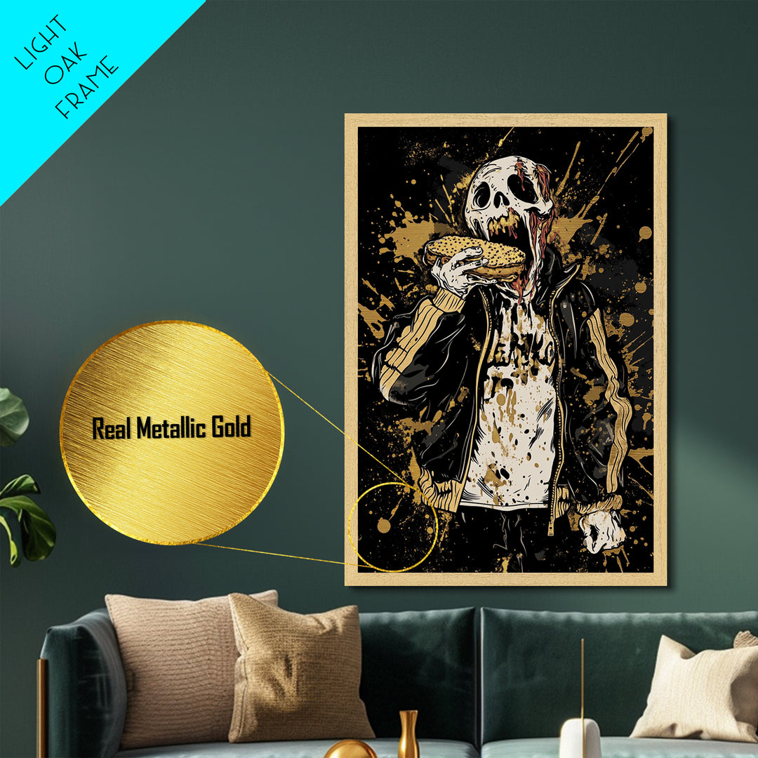 Zombie Eating Burger Metallic Gold Art, Creepy Spooky Halloween Metal Art With Real Wood Framing, Horror Goth Wall Decoration