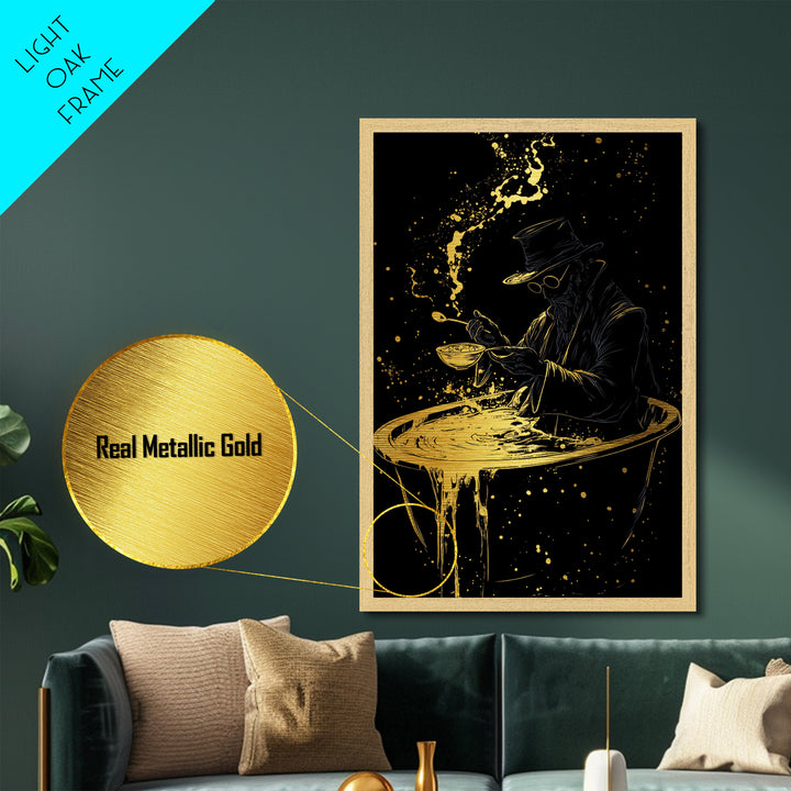 Haunted Alchemist Metallic Gold Art, Gothic Witchy Metal Art Framed In Natural Wood, Spooky Occult Halloween Wall Hanging