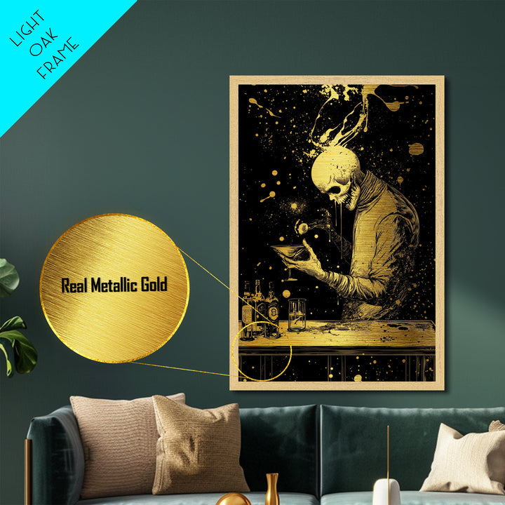 Skeleton Bartender Metallic Gold Art, Spooky Haunted Bar Metal Art With Real Wood Frame, Creepy Halloween Gothic Wall Decor