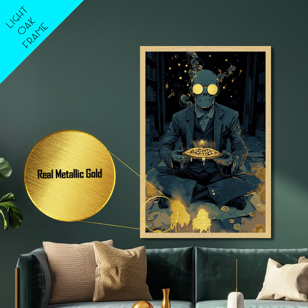 Skeleton Pizza Ritual Metallic Gold Art, Gothic Occult Spooky Season Metal Art In Real Wood Frame, Creepy Haunted Wall Print