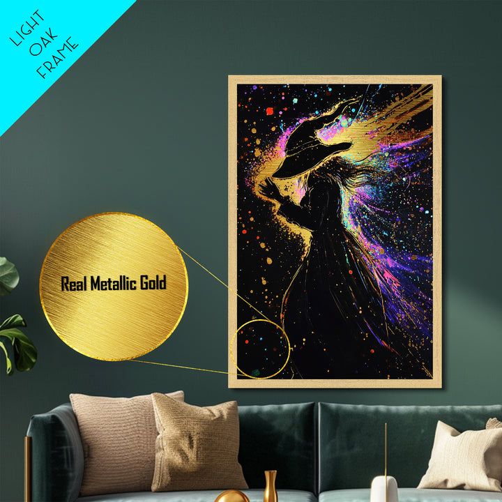 Witch Silhouette Metallic Gold Art, Spooky Season Metal Art Wall Decor, Gothic Painting Framed in Real Wood