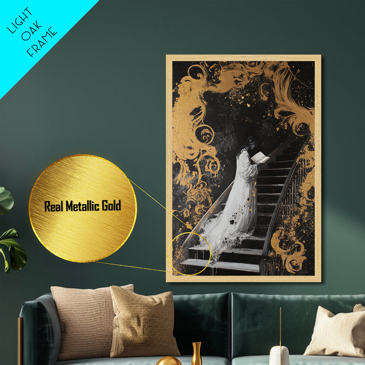 Ghostly Woman On Staircase Metallic Gold Art Metal Art Gothic Haunted Mansion Style Framed In Real Wood