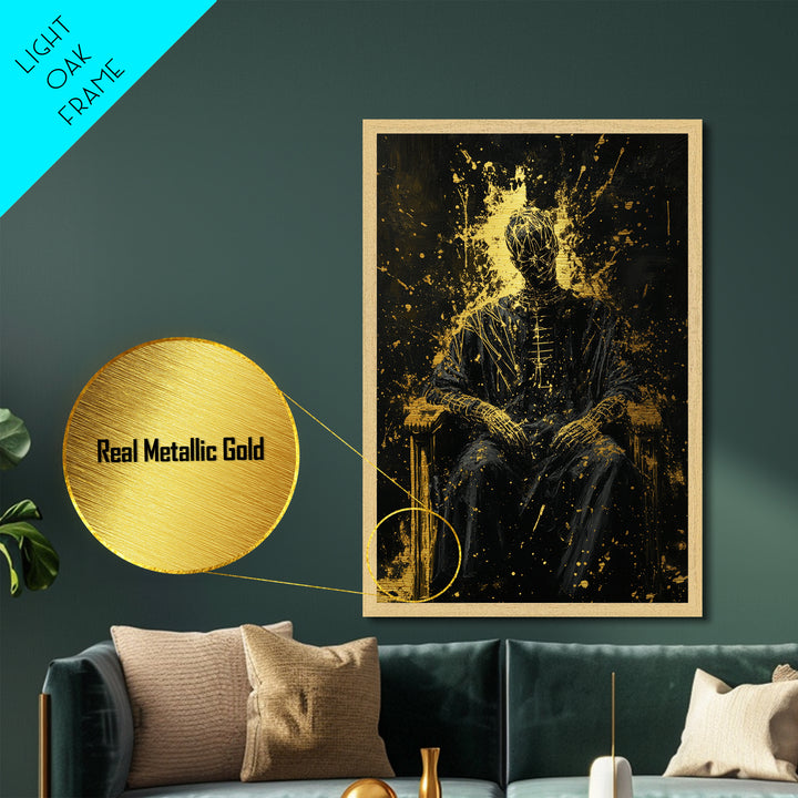 Abstract Haunted Figure On Throne Metallic Gold Art Metal Art Spooky Gothic Drip Painting With Real Wood Frame