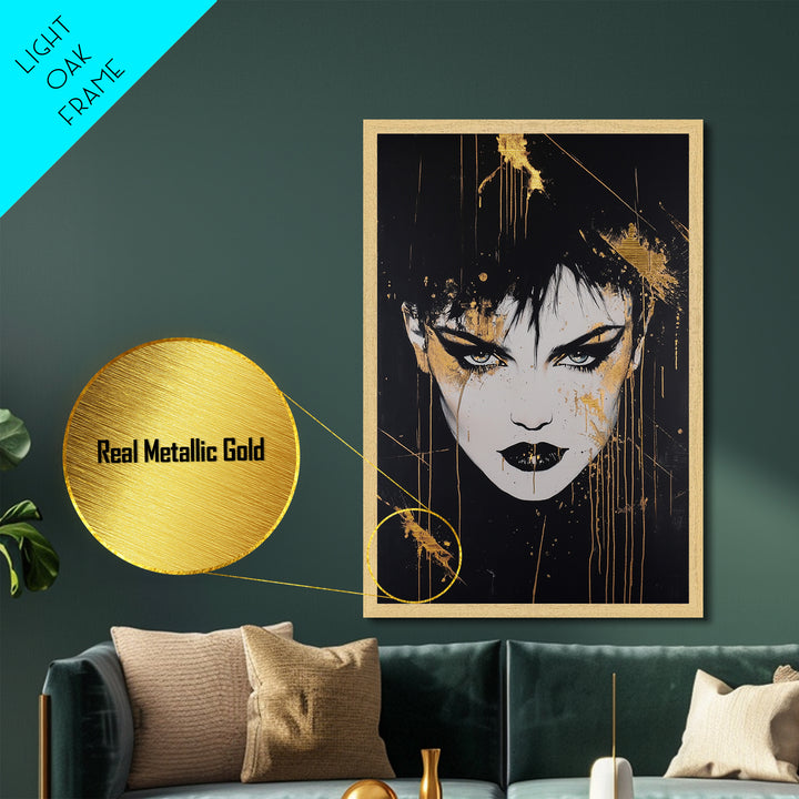 Gothic Vampire Portrait Metallic Gold Art Metal Art Halloween Spooky Season Wall Decor Framed In Real Wood