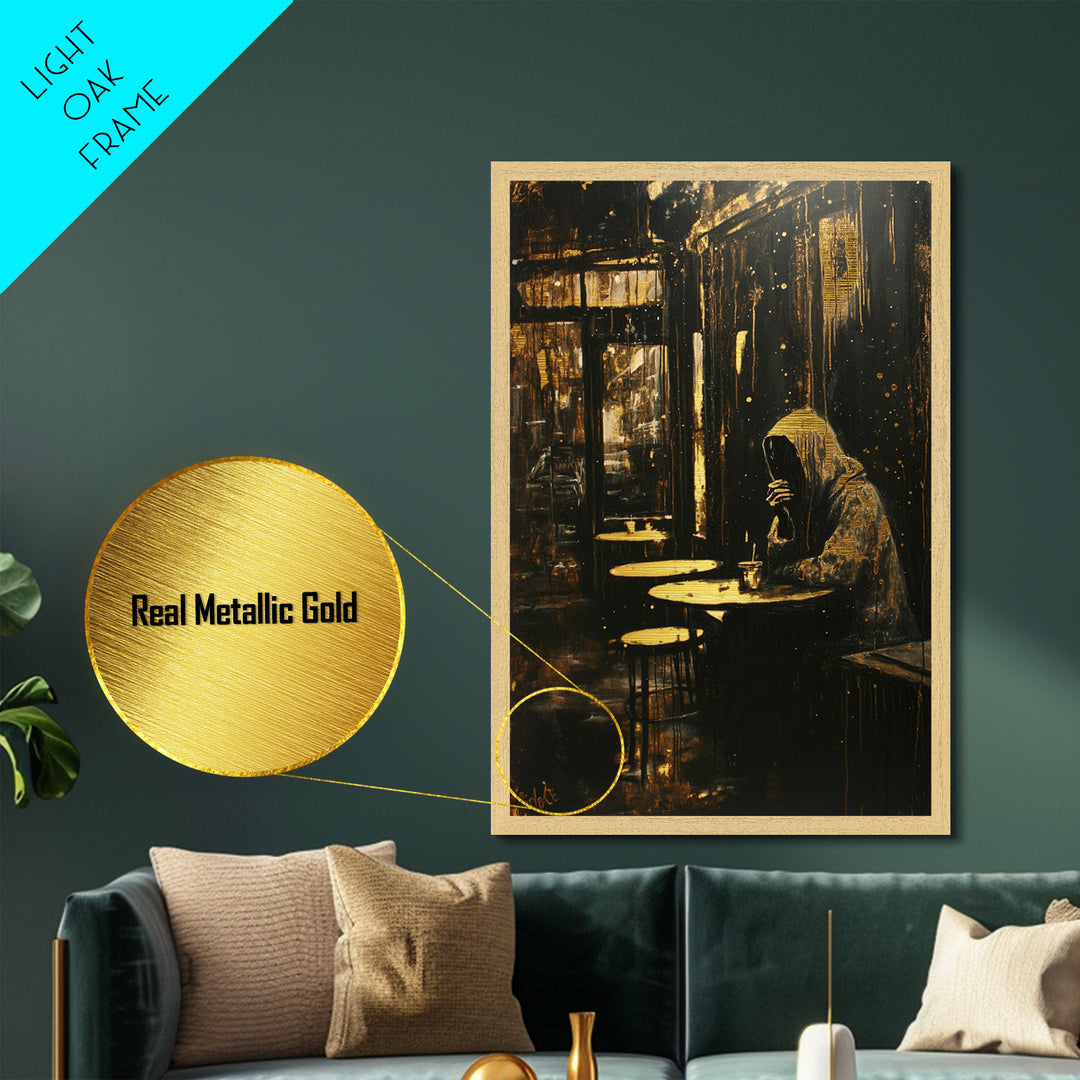 Haunted Café Scene Metallic Gold Art Metal Art | Gothic Spooky Wall Décor in Natural Wood Frame for Halloween Aesthetic
