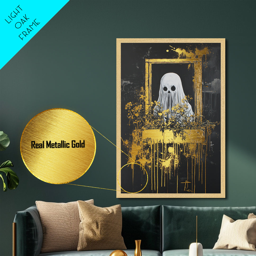 Ghostly Window Spirit Metallic Gold Art Metal Art | Creepy Halloween Gothic Décor Framed in Real Wood for Spooky Season