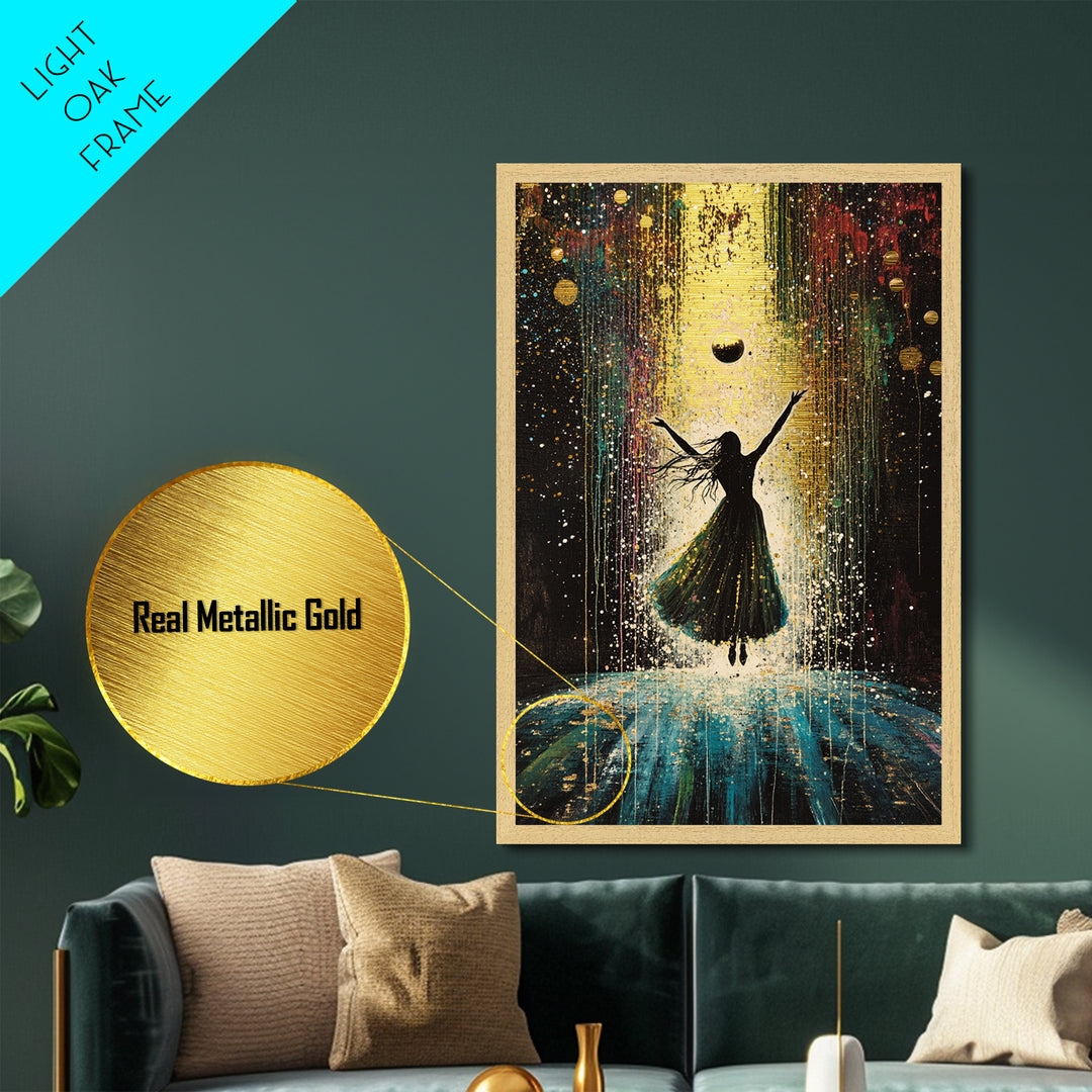 Mystical Witchy Silhouette Metallic Gold Art Metal Art | Enchanted Spooky Season Wall Hanging with Real Wood Frame