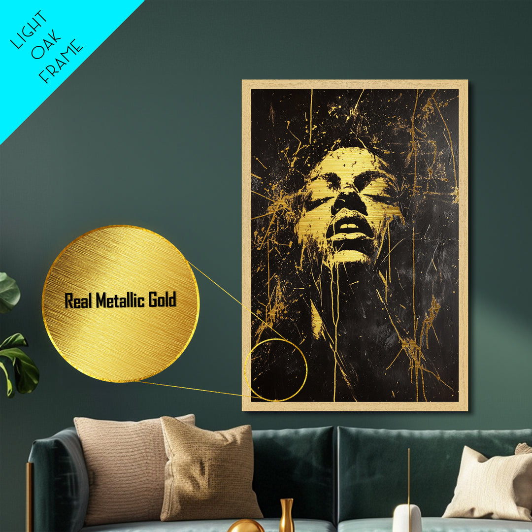 Golden Spirit Face Metallic Gold Art Metal Art | Horror Inspired Gothic Halloween Portrait in a Handcrafted Wood Frame