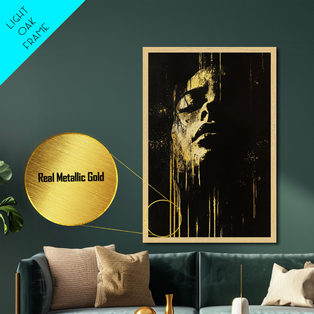 Shadowed Face Metallic Gold Art Metal Art | Dark Spooky Gothic Halloween Portrait Art with Natural Wood Frame Accent