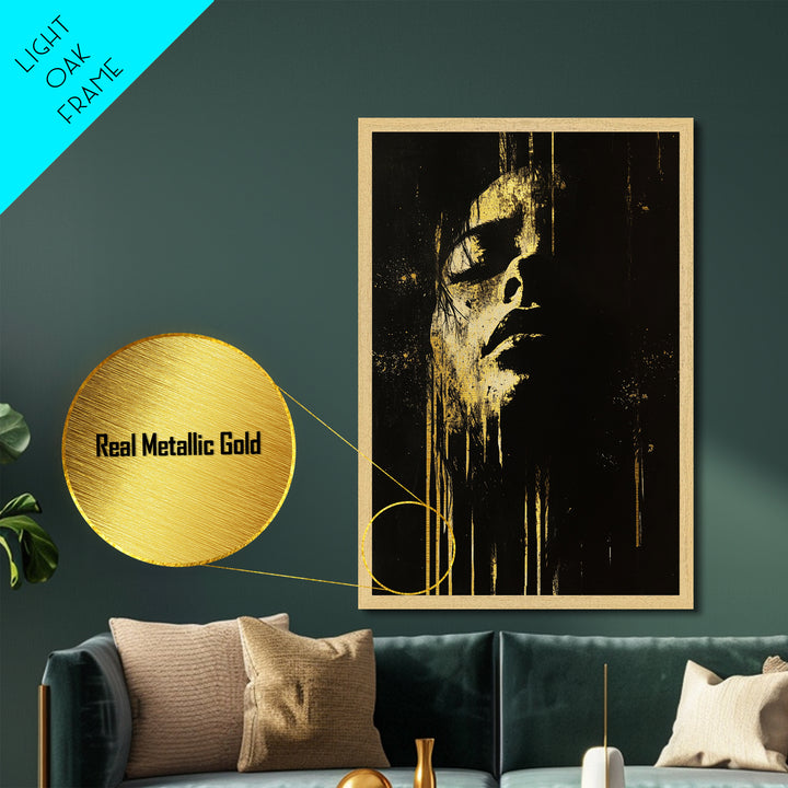 Shadowed Face Metallic Gold Art Metal Art | Dark Spooky Gothic Halloween Portrait Art with Natural Wood Frame Accent