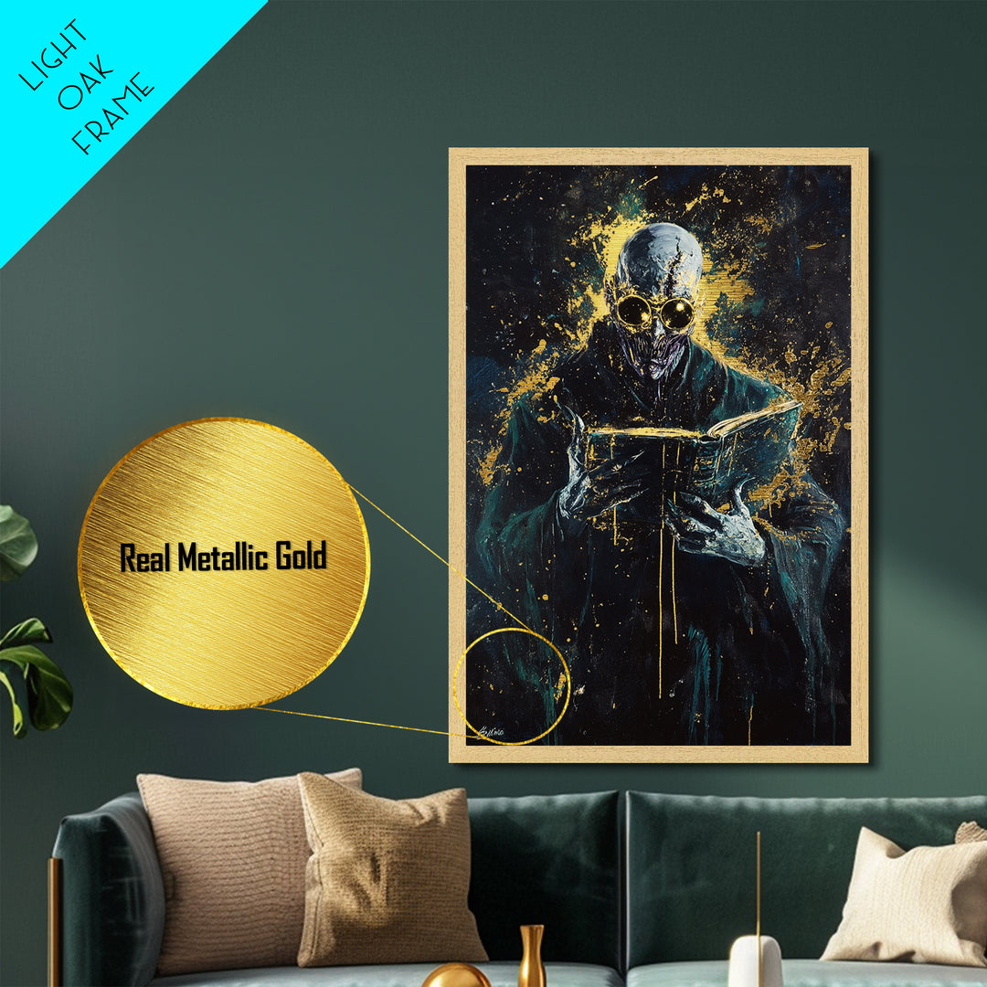 Haunted Spirit Metallic Gold Art Metal Art, Spooky Gothic Wall Decor with Natural Wood Frame for Halloween Horror Lovers