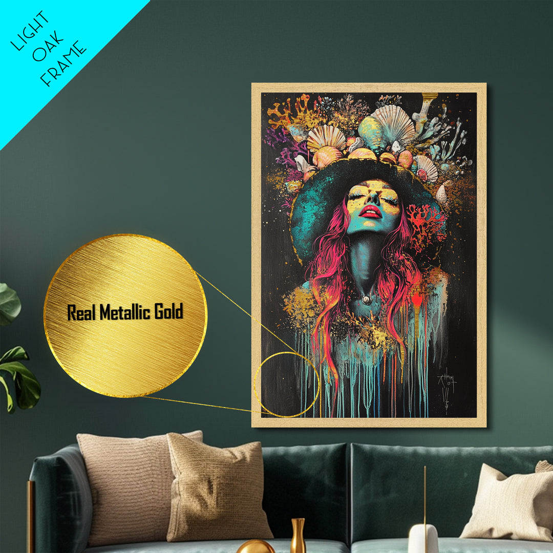 Witchy Woman Metallic Gold Art Metal Art | Psychedelic Spooky Season Portrait Wall Décor in Handcrafted Real Wood Frame