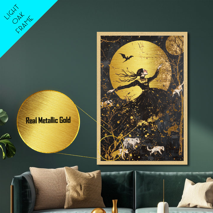 Moonlit Witch Dance Metallic Gold Art Metal Art | Gothic Spooky Halloween Wall Décor with Wolves Framed in Real Wood