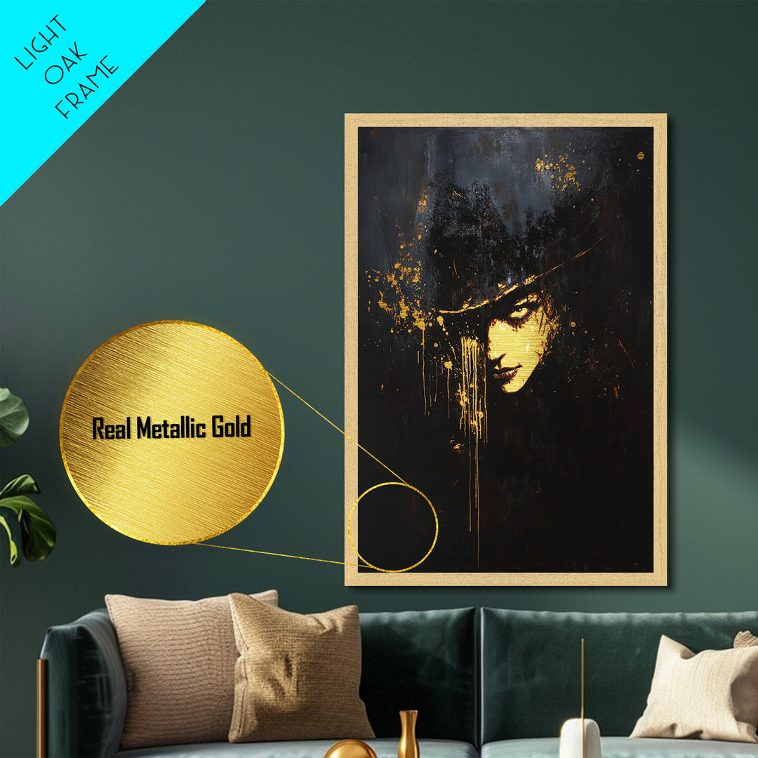 Gothic Shadow Portrait Metallic Gold Art Metal Art | Creepy Haunted Halloween Wall Décor Framed In Real Wood For Spooky Season