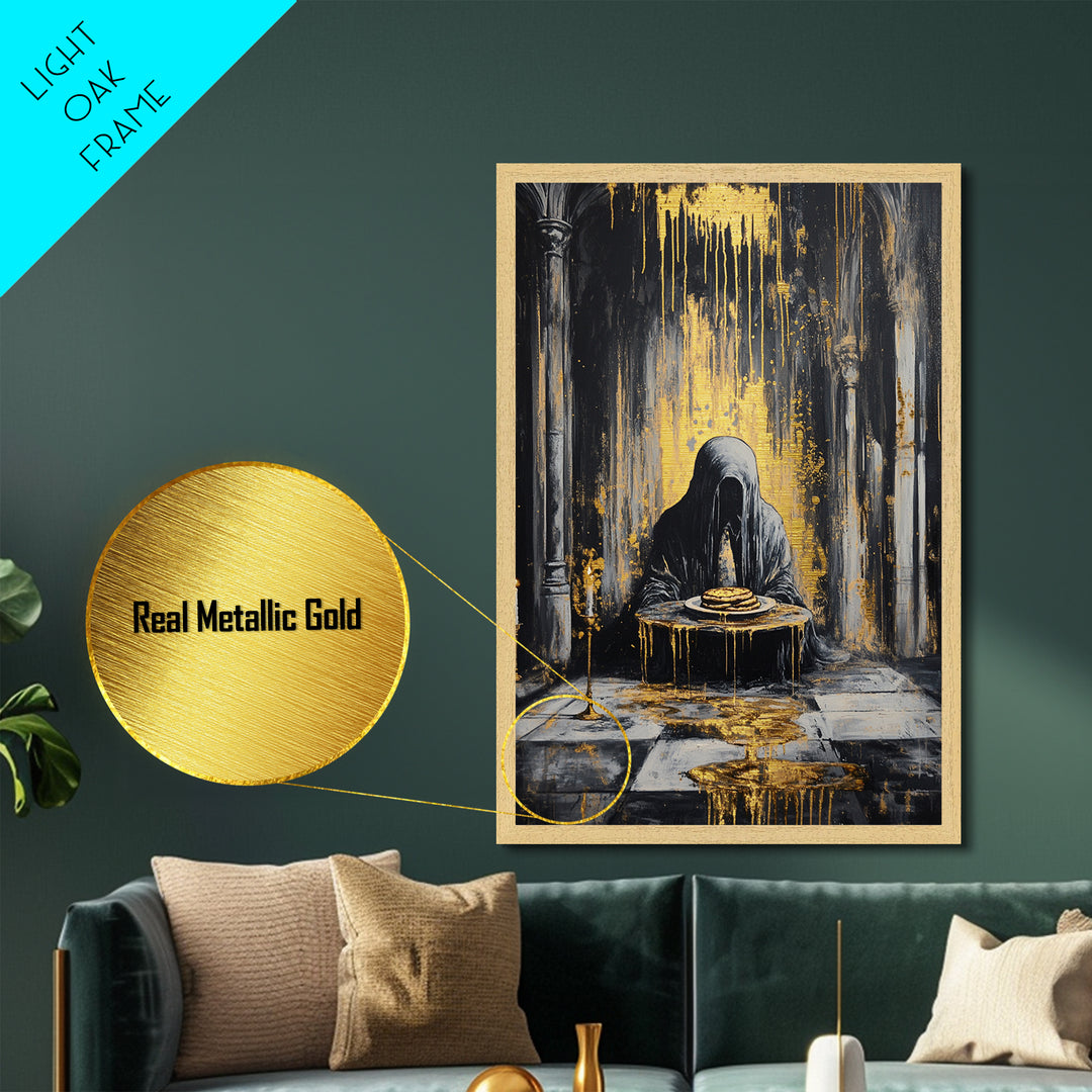 Haunted Cloaked Figure Metallic Gold Art Metal Art | Gothic Halloween Wall Décor With Pancakes | Spooky Horror Painting Framed In Wood