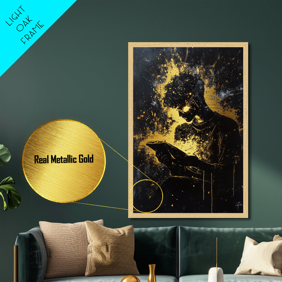 Witchy Tech Sorcerer Metallic Gold Art, Spooky Metal Art of Mystic Reader with Glowing Eyes, Framed in Natural Wood