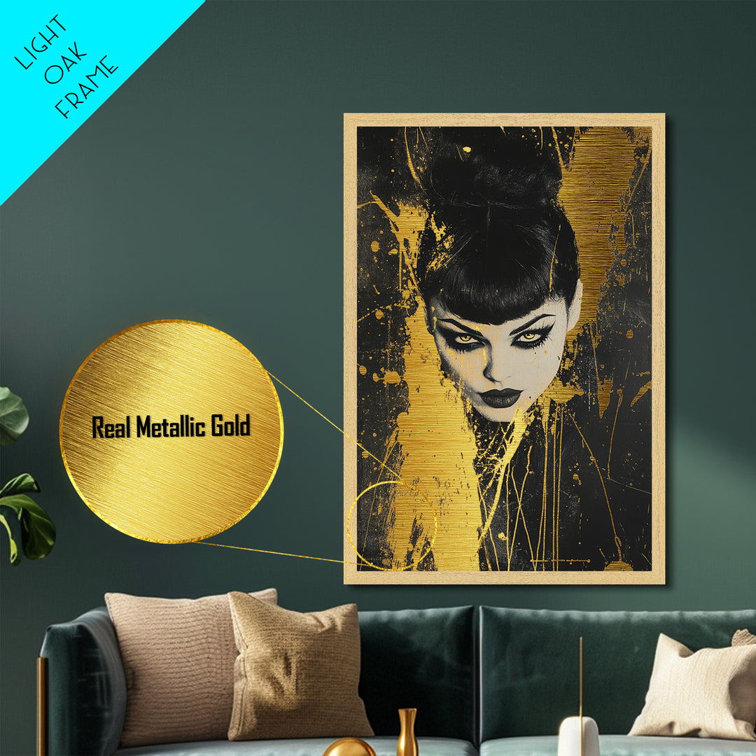 Vampire Gothic Woman Metallic Gold Art, Dark Spooky Season Metal Art Portrait, Horror Inspired Wall Decor in Real Wood Frame