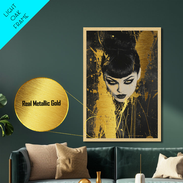 Vampire Gothic Woman Metallic Gold Art, Dark Spooky Season Metal Art Portrait, Horror Inspired Wall Decor in Real Wood Frame