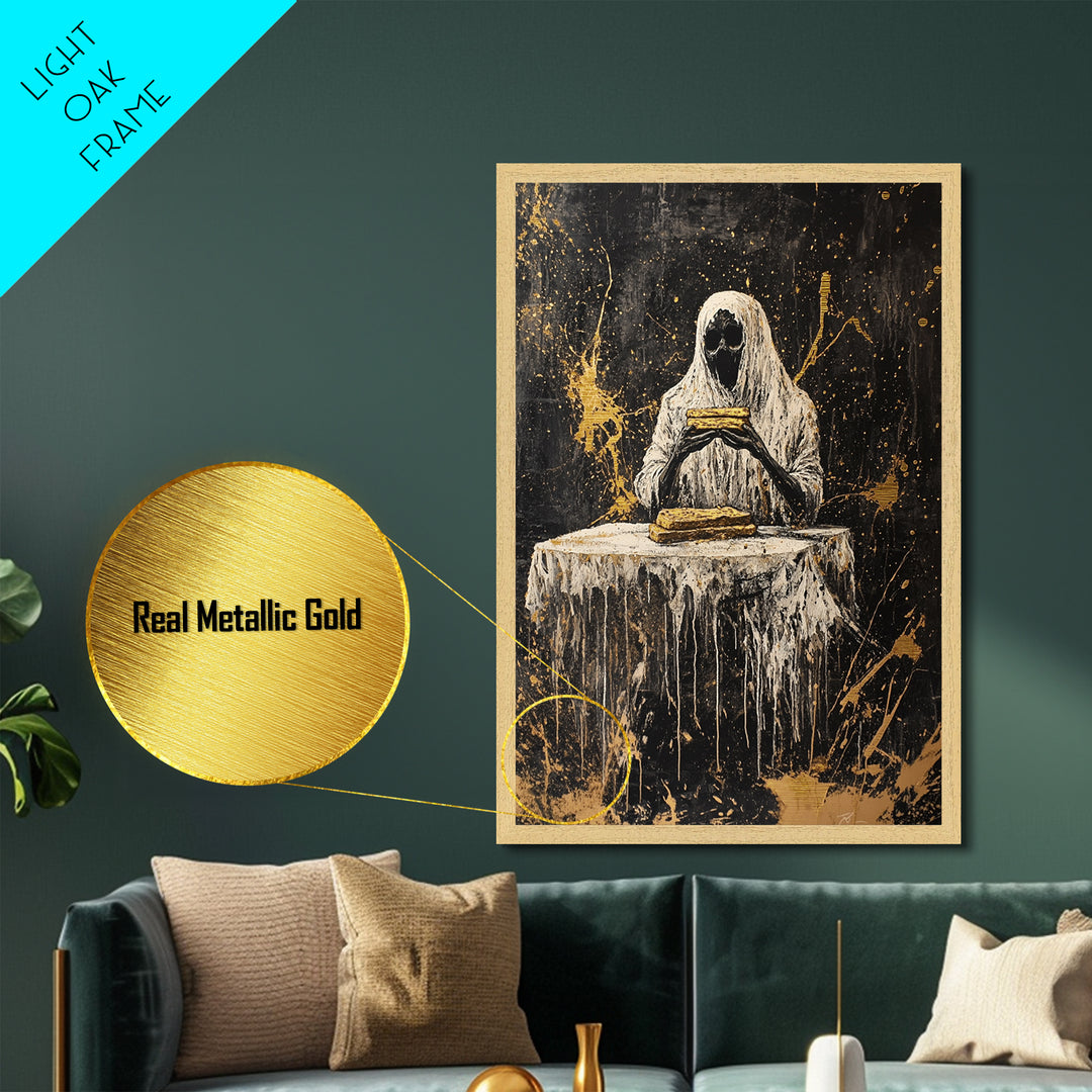 Witchy Sorceress Metallic Gold Art Metal Art, Halloween Wall Hanging with Real Wood Framing, Spooky Witch Decor