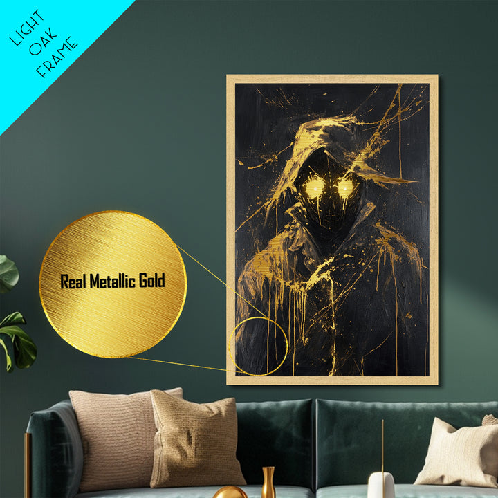 Glowing-Eyed Phantom Metallic Gold Art, Spooky Season Metal Art of Hooded Specter, Creepy Gothic Wall Decor with Real Wood Frame