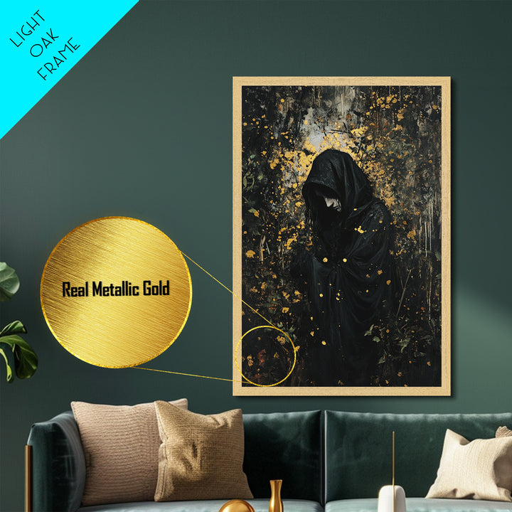 Haunted Forest Reaper Metallic Gold Art, Dark Spooky Season Metal Art of Gothic Hooded Figure, Horror Wall Decor in Wood Frame