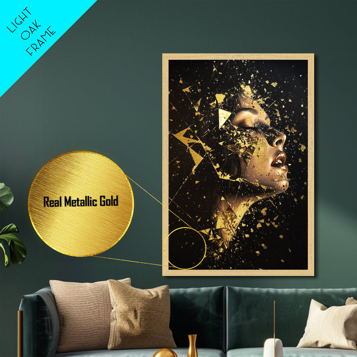 Shattered Face Metallic Gold Art, Horror-Inspired Spooky Season Metal Art, Gothic Halloween Wall Decor with Real Wood Frame