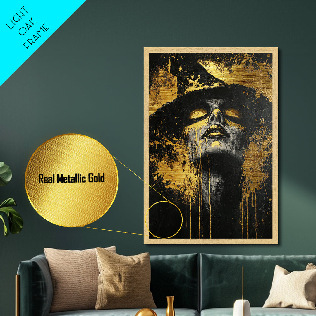 Witchy Gothic Metallic Gold Art Metal Art with Real Wood Frame, Spooky Halloween Wall Decor, Haunted Witch Portrait Print