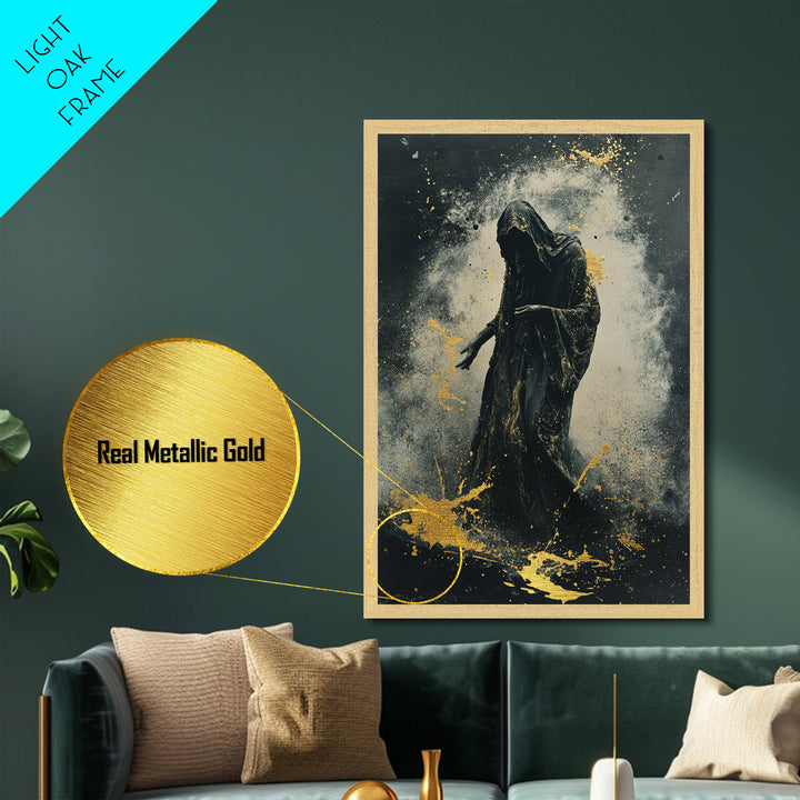 Haunting Reaper Metallic Gold Art Metal Art in Natural Wood Frame, Spooky Halloween Gothic Wall Art, Creepy Dark Spirit Decor