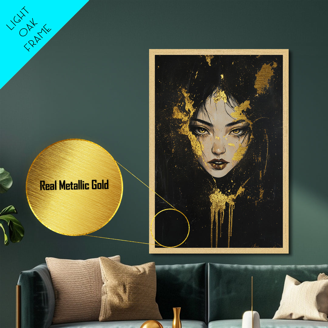 Eerie Witch Portrait Metallic Gold Art Metal Art, Spooky Halloween Wall Hanging with Real Wood Frame, Gothic Haunted Home Decor
