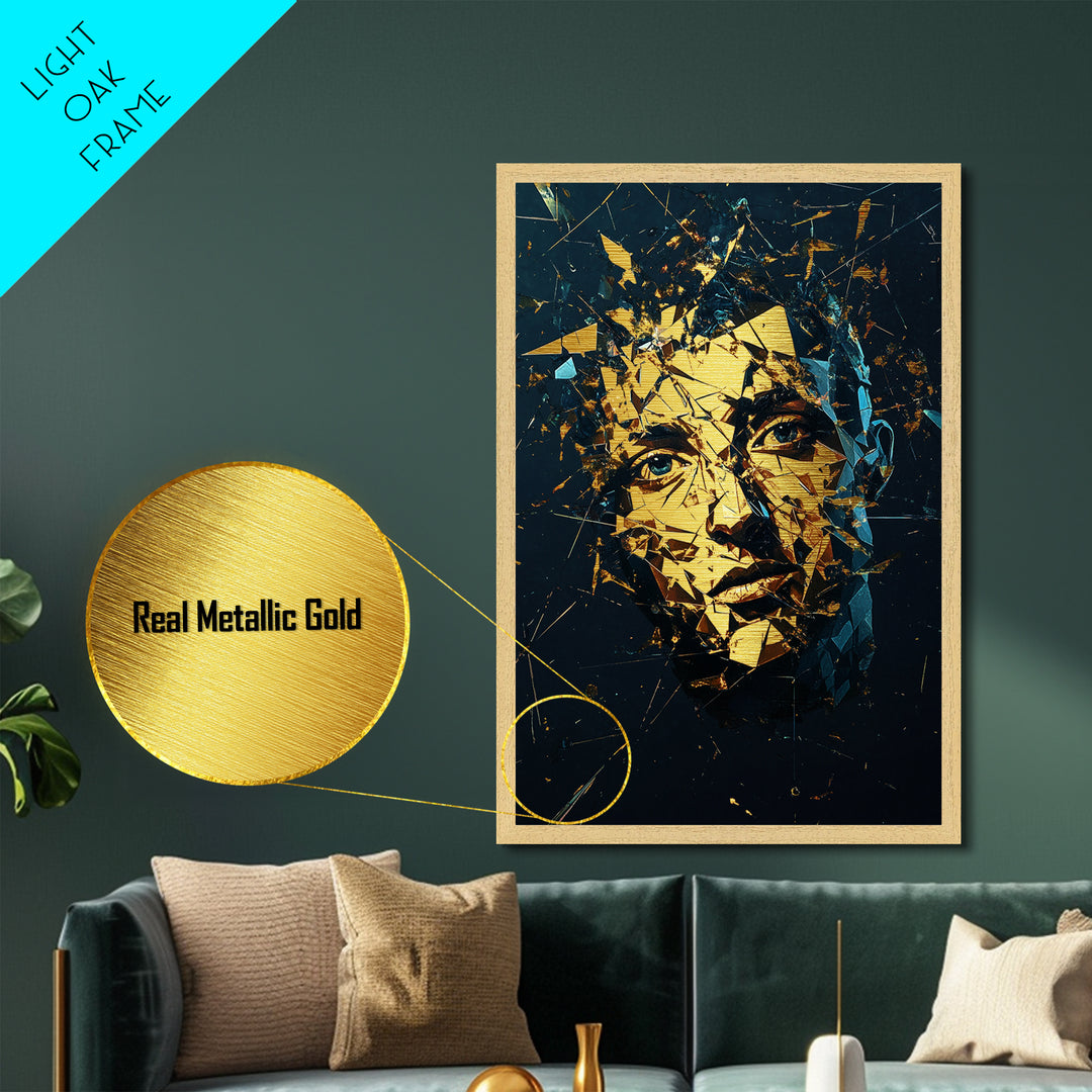 Shattered Face Metallic Gold Art Metal Art, Spooky Season Horror Abstract with Real Wood Frame, Creepy Halloween Gothic Wall Art