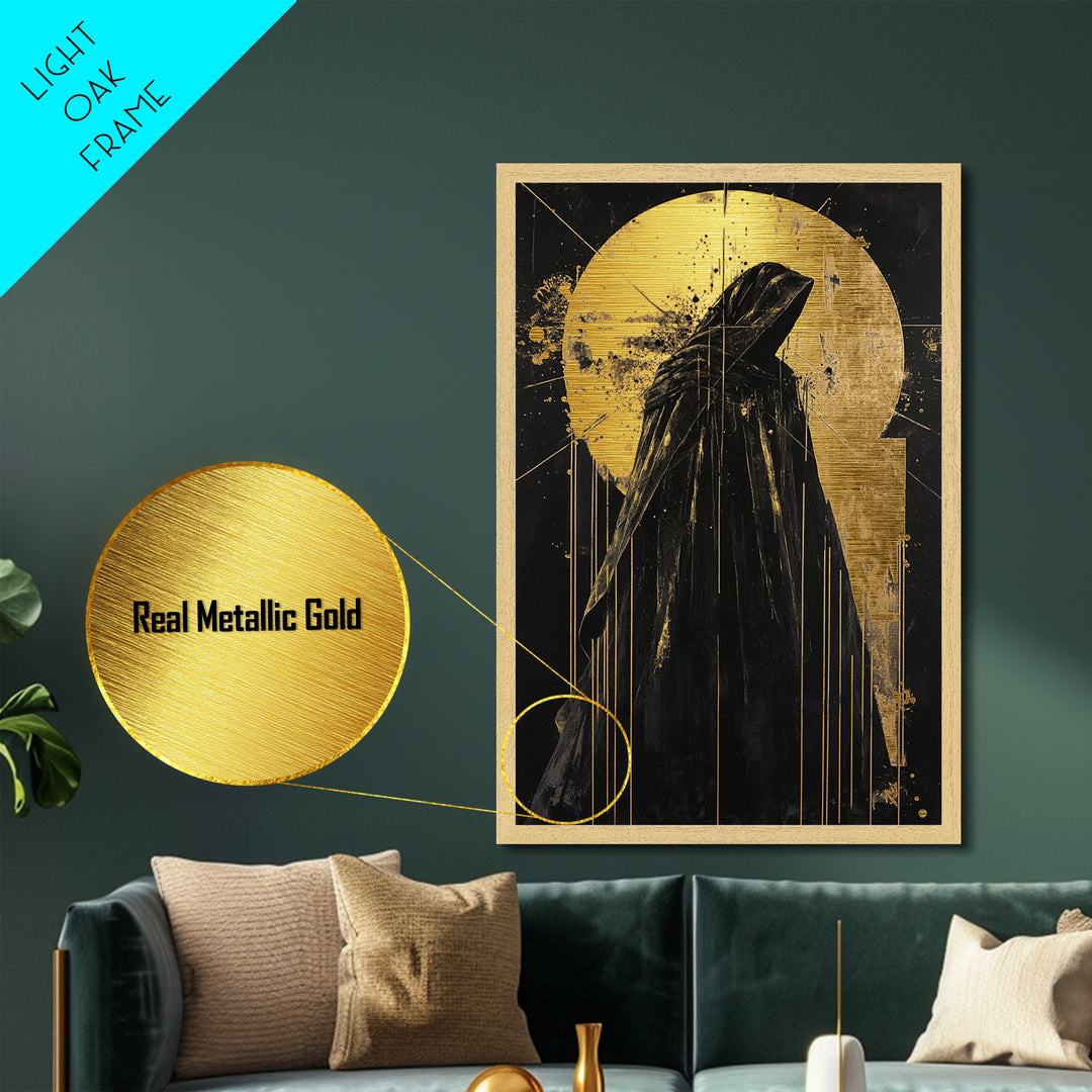 Cloaked Horror Metallic Gold Art Metal Art with Real Wood Frame, Gothic Spooky Halloween Decor, Haunted Dark Spirit Wall Hanging