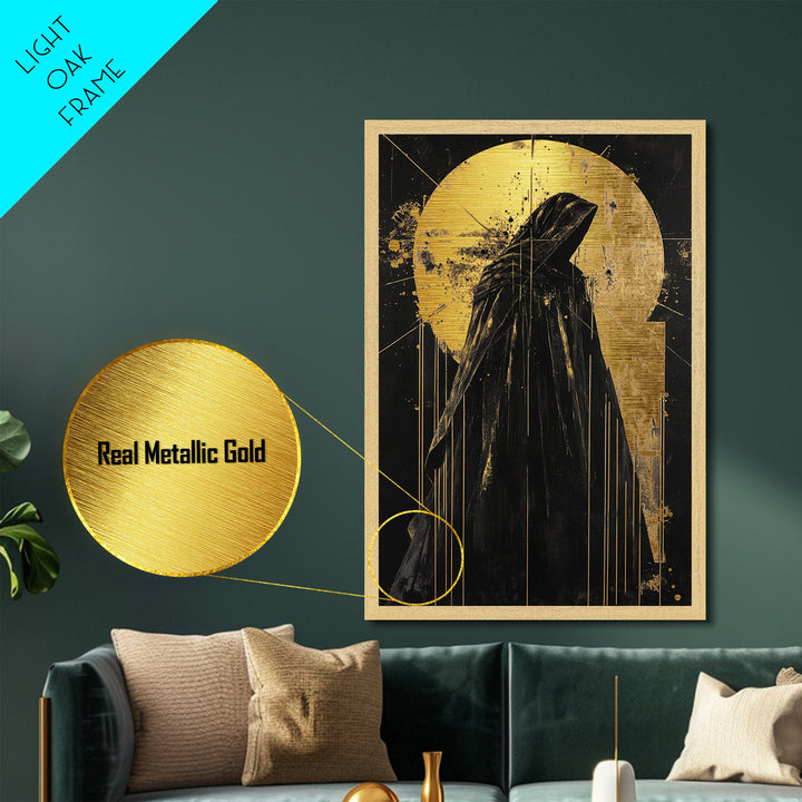Cloaked Horror Metallic Gold Art Metal Art with Real Wood Frame, Gothic Spooky Halloween Decor, Haunted Dark Spirit Wall Hanging