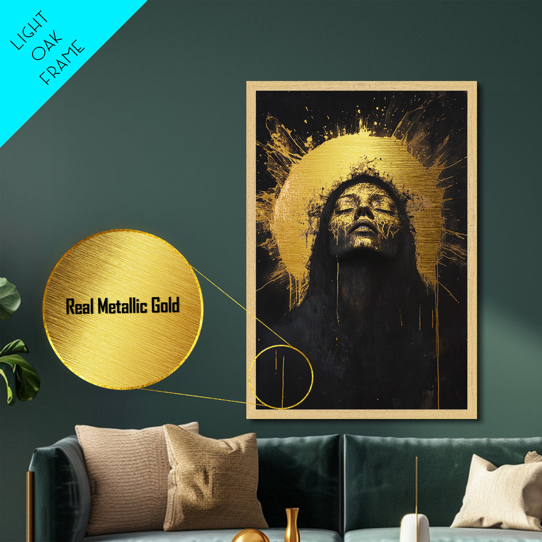 Golden Halo Witch Metallic Gold Art Metal Art with Real Wood Frame, Spooky Halloween Gothic Wall Hanging, Haunted Dark Portrait
