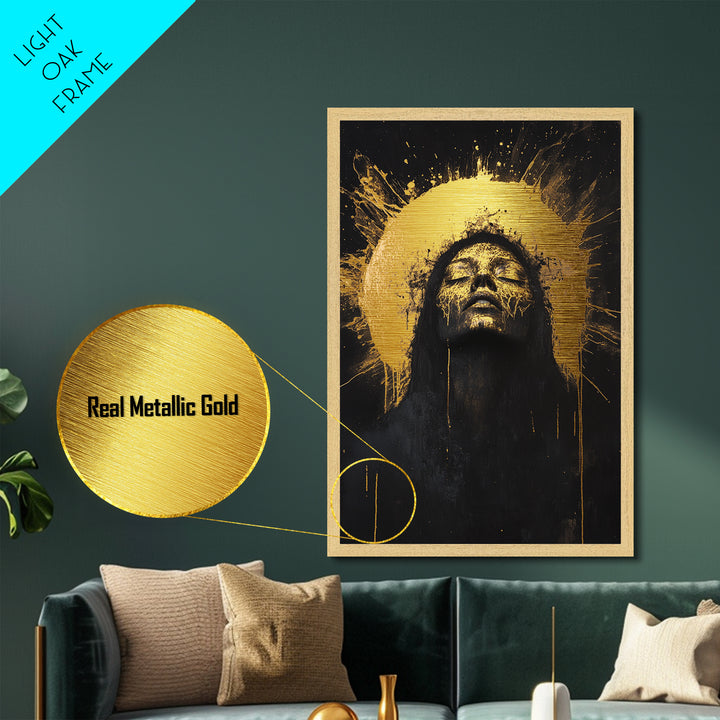 Golden Halo Witch Metallic Gold Art Metal Art with Real Wood Frame, Spooky Halloween Gothic Wall Hanging, Haunted Dark Portrait