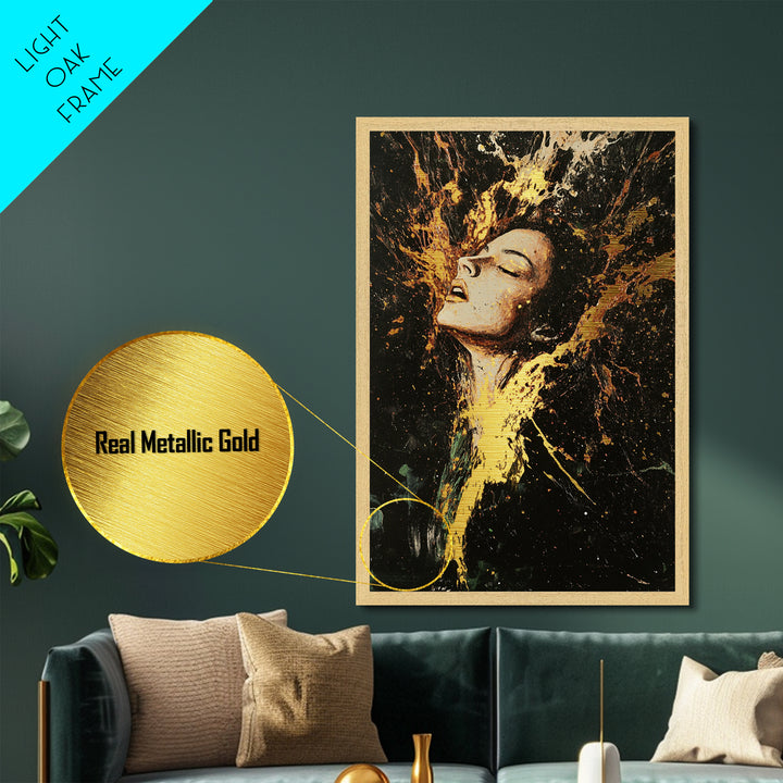 Fiery Witch Metallic Gold Art Metal Art with Real Wood Frame, Spooky Season Haunted Portrait, Creepy Gothic Halloween Wall Hanging