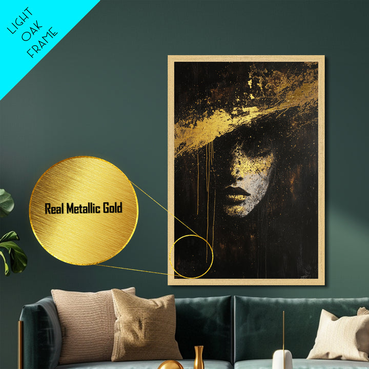 Haunted Metallic Gold Art Face Portrait | Gothic Horror Metal Art Spooky Wall Decor | Framed In Natural Real Wood