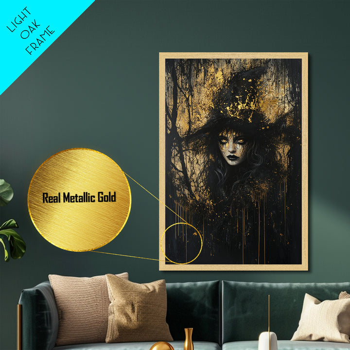 Witchy Woman With Glowing Eyes | Gothic Metallic Gold Art And Spooky Metal Art | Halloween Wall Decor Framed In Real Wood
