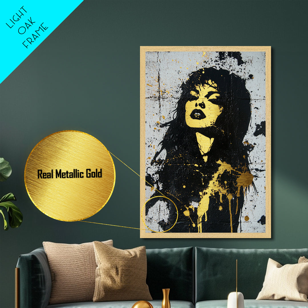 Gothic Female Vampire Portrait Metallic Gold Art | Dark Horror Metal Art Halloween Decor | Real Wood Frame Handcrafted Finish